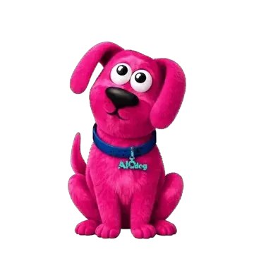Dudu, cachorro rosa mascote do AIOdog, dando tchauzinho